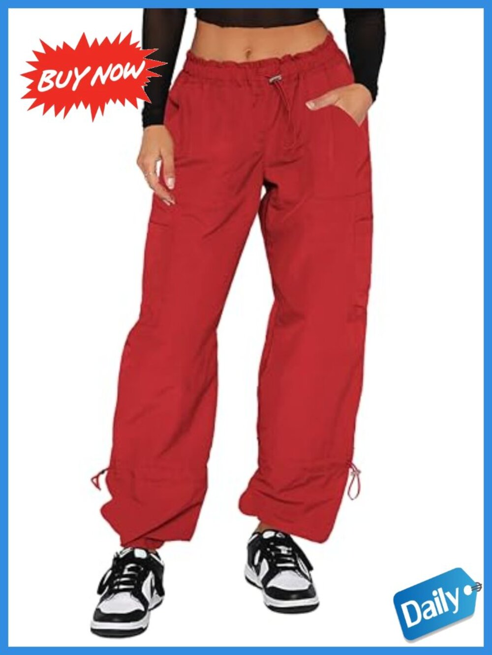 Womens Lightweight Nylon Cargo Parachute Pants Wide Leg Drawstring